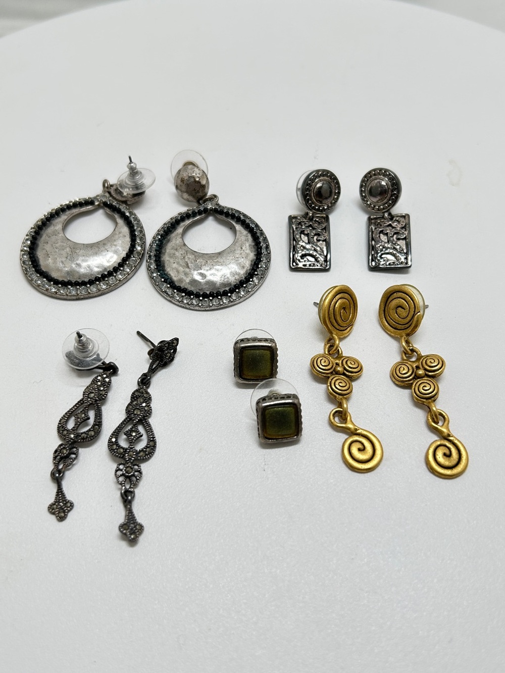 5 Pairs Marked Pierced Earrings, Silver, Gold, Designer, Sterling, Marcasite